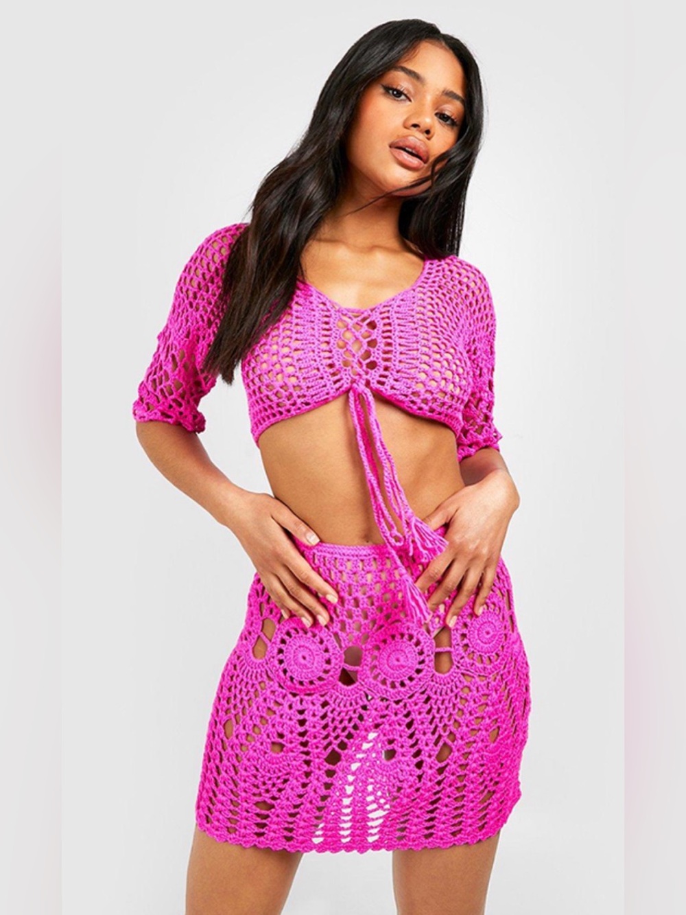 boohoo‎ Crochet Beach Cover-Up Set Size Large Pink
